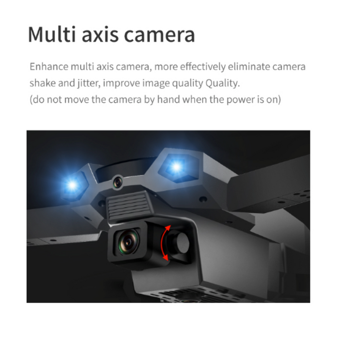 A caption reads, "The HD Dual Camera on the Yellow Pandora Ninja Dragon Phantom X Smart Quadcopter Drone enhances multi-axis functionality, effectively eliminating shake and jitter to improve image quality. (Do not move the camera by hand when the power is on.)" Below is a close-up of a multi-axis camera attached to a device.