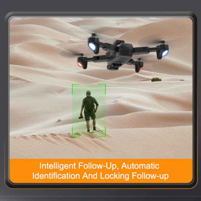 A Yellow Pandora Ninja Dragon Phantom 9 4K Dual Camera 360° Obstacle Avoidance Optical Drone flies over a sandy desert, tracking a person walking below, illuminated by a green rectangle. The text at the bottom reads, "Intelligent Follow-Up, Automatic Identification and Locking Follow-up.