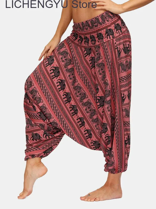 New Women Elephant Printed Track Pants Summer Elastic High Waist Bloomers Casual Indian Thailand Wide Leg Loose Dance Pants