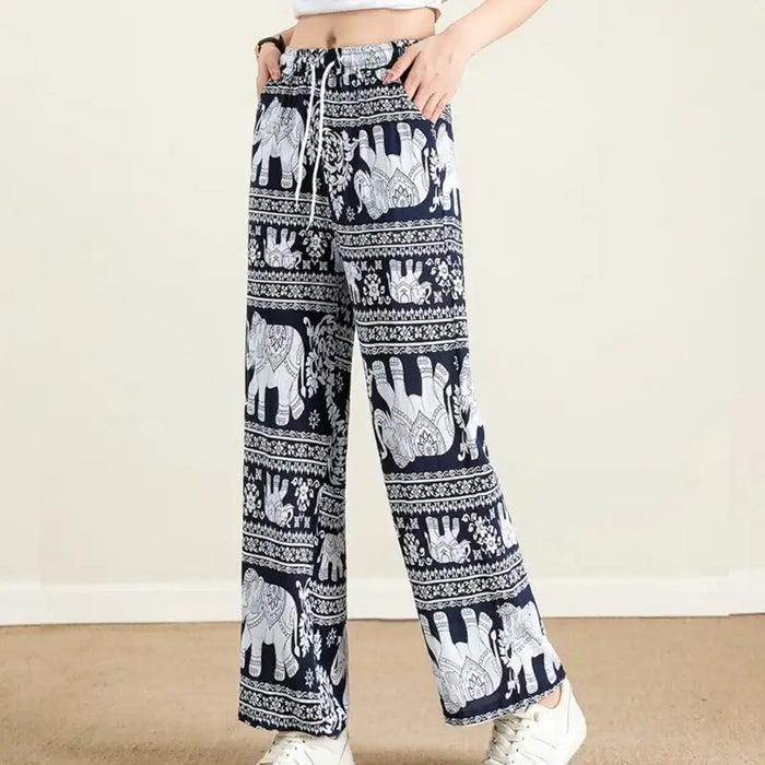 Summer Palazzo Pants with Pockets for Women Drawstring High Waisted Wide Leg Bohemian Elephant Printed Lounge Trousers Bohemian Elephant Palazzo Pants for Women - High Waisted, Pockets  Lacatang Shop Lacatang Shop 