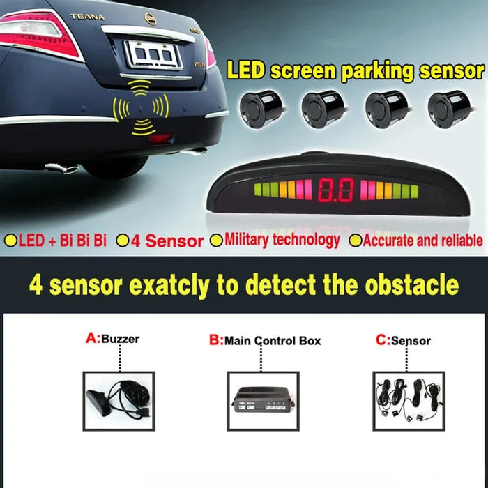 Car Reverse Radar Kit Vehicle Parking Sensor System with 4 Sensors Backup Assist System with LED Distance Display Sound Warning