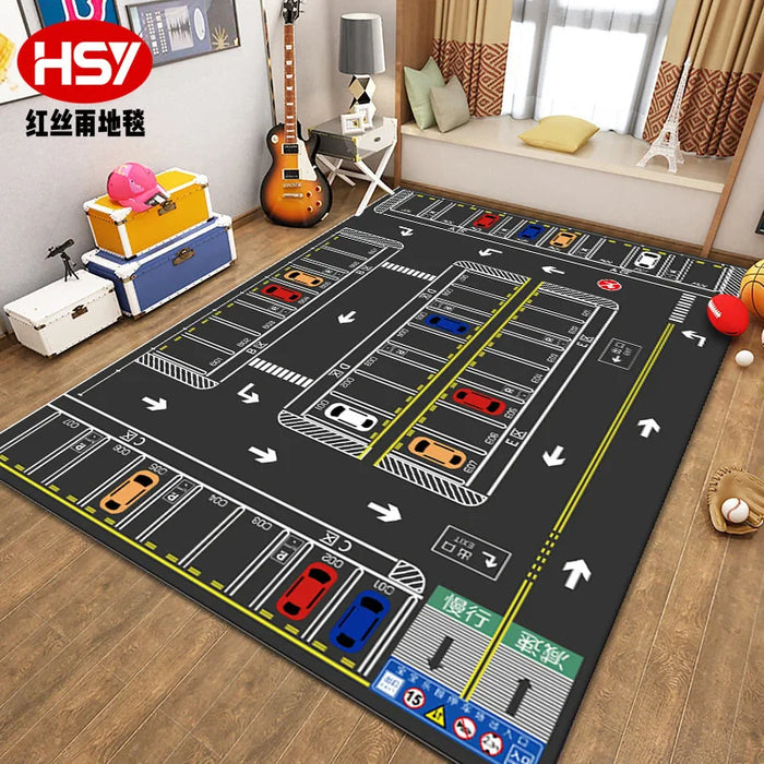 The Lacatang Shop's VIKAMA Kids' Cartoon Traffic Play Mat, featuring parking lanes, roads, and colorful cars, paired with a guitar, pillows, and decor items creates a vibrant and playful atmosphere perfect for a cozy room.