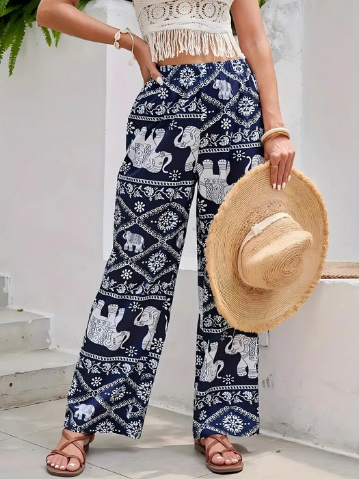 Fashion Women Wide Leg Pants High Waist Thailand Elephant Print Pant Summer Thin Straight Trousers Casual Bottom Female Clothing