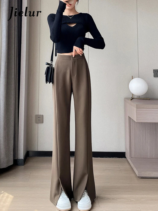 Jielur Coffee Skinny Basic Suit Women Wide Leg Pants Autumn Straight Casual Apricot Trousers Solid Color Split Office Lady Pants