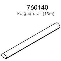 A PU guardrail diagram, labeled "760140" and described as 13 meters long, is shown as a narrow shape with a rounded top, similar to those on the Lacatang Shop's Turbo Mini Drift Scene Remote Control Race Car Tracks.