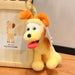 The Kawaii Oudi Dog Plushie by Lacatang Shop, featuring orange ears, green eyes, and a red tongue attached to a keychain, sits on a wooden table next to a framed giraffe illustration labeled "Photo Frame." Ideal for anime lovers with its charming design.