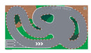 Illustration of a 3.2m Drift Track Raceway by Lacatang Shop labeled "Super Track." It features striped curbs, a starting grid with arrows, and green/brown areas ideal for RC Kyosho Mini-Z. A QR code is visible in the upper right corner.