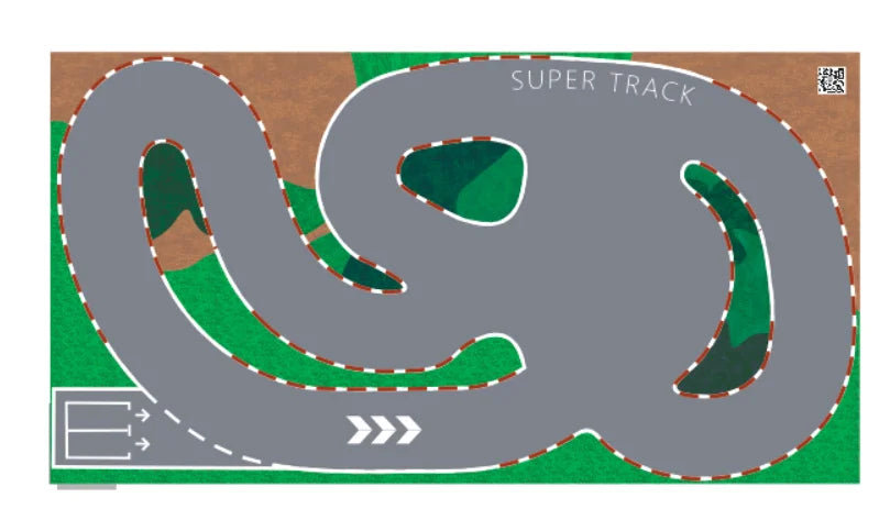 The Lacatang Shop's 3.2 Meter RC Drift Track features a "Super Track" with winding paths and red/white borders for high-speed racing. It has directional arrows at the start, grass and dirt surroundings, and a QR code in the top-right corner revealing Mini-Z surprises.