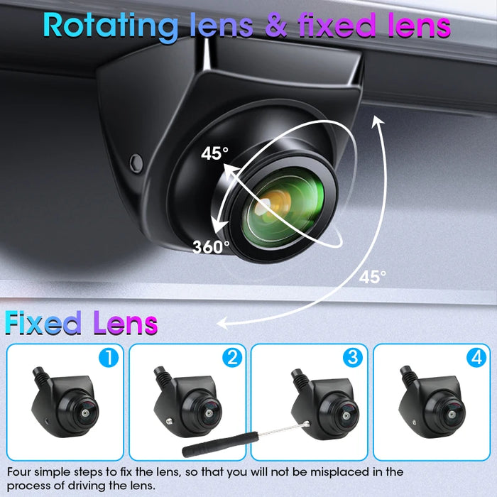 Image showcasing the Develuck HD 1080P Car Rear View Camera by Lacatang Shop, highlighting its 170° fisheye night vision and waterproof features. A diagram shows four steps for securing the adjustable components. Arrows display rotating angles, similar to installing a car rear view camera.