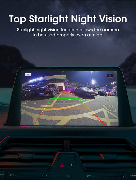 The Develuck HD 1080P rearview camera from Lacatang Shop features a 170° fisheye lens with starlight night vision, displaying on-screen guide lines and highlighting superior night vision capabilities for easier parking in low-light conditions.