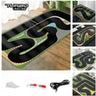 The Lacatang Shop's TURBO RACING 1:76 Scale Remote Control Car Track Kit includes a detailed racetrack with curves, lanes, and accessories like a cable and track parts. It features inset images of track sections and displays the 