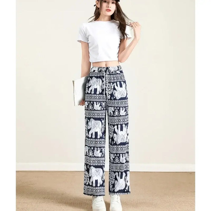 Summer Palazzo Pants with Pockets for Women Drawstring High Waisted Wide Leg Bohemian Elephant Printed Lounge Trousers Bohemian Elephant Palazzo Pants for Women - High Waisted, Pockets  Lacatang Shop Lacatang Shop 