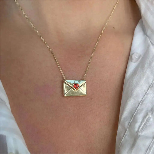 Trendy I Love You Letter Openable Envelope Shape Pendant Necklace Red Heart Zircon Stainless Steel Necklace Valentine Day Gifts.