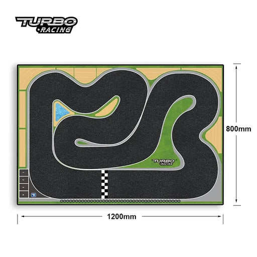 Illustration of a rectangular race track labeled "Portable Turbo Racing" by Lacatang Shop. The Mini Racing Rubber Mat features a twisting layout on green with dimensions of 1200mmx800mm, including a start/finish line and small pond on the left, perfect for 1:76 Scale RC Car Track enthusiasts.