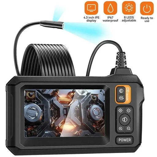 Displayed is the AliExpress Industrial Endoscope Camera, featuring an 8mm 1080P HD camera with a flexible cable. The device comes with a 4.3-inch IPS screen and includes various controls. Notable features indicated by icons include an IP67 waterproof rating and 8 adjustable LEDs for enhanced visibility.