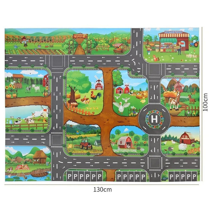 Kids Waterproof Playmat - Portable Dinosaur and Farm Road Activity Carpet for Toddlers, Non-Toxic Educational Crawling Mat