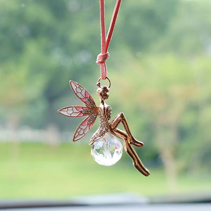 Fairy Pink Crystal Globe Rearview Mirror Pendant for Car Interior Decoration