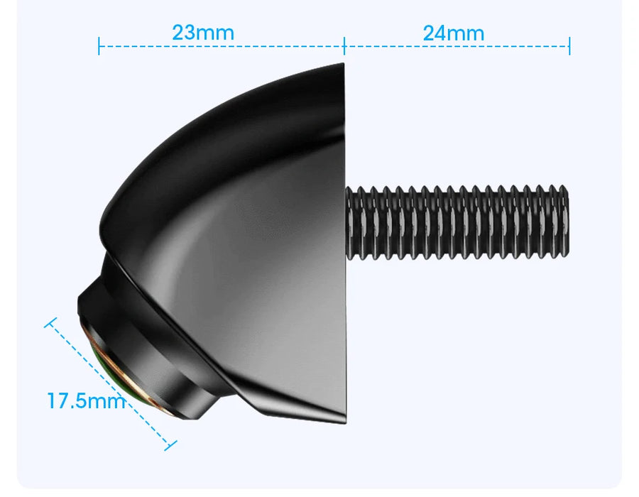 Side view of a black component resembling the Lacatang Shop's Develuck HD 1080P 170° rear view camera, featuring a threaded bolt. Dimensions: 23mm width, 24mm depth, and 17.5mm height highlighted by measurement lines on a light blue background.