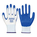 Two work gloves are displayed: the left glove, palm-up, and the right glove, palm-down. They feature a white fabric base with a blue coating on the fingers and palm. The text "AliExpress 3 Pairs Of Non-slip Wear-resistant Breathable Nitrile Gloves SIZE: 8" is printed on the palm of the left glove, highlighting their anti-slip and wear-resistant properties.