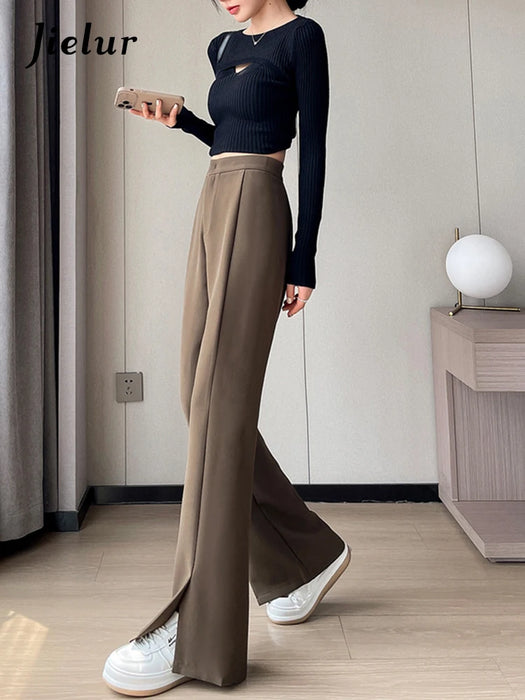 Jielur Coffee Skinny Basic Suit Women Wide Leg Pants Autumn Straight Casual Apricot Trousers Solid Color Split Office Lady Pants