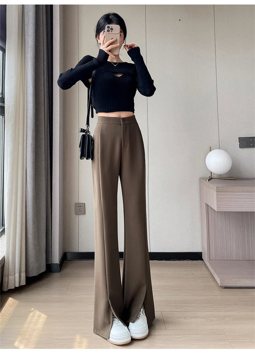 Jielur Coffee Skinny Basic Suit Women Wide Leg Pants Autumn Straight Casual Apricot Trousers Solid Color Split Office Lady Pants