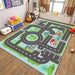 The children's room showcases a vibrant VIKAMA Kids' Cartoon Traffic Play Mat by Lacatang Shop, featuring roads and buildings, with a guitar, decorative suitcases, and a window seat with cushions. The warm wooden floor enhances the cozy atmosphere.