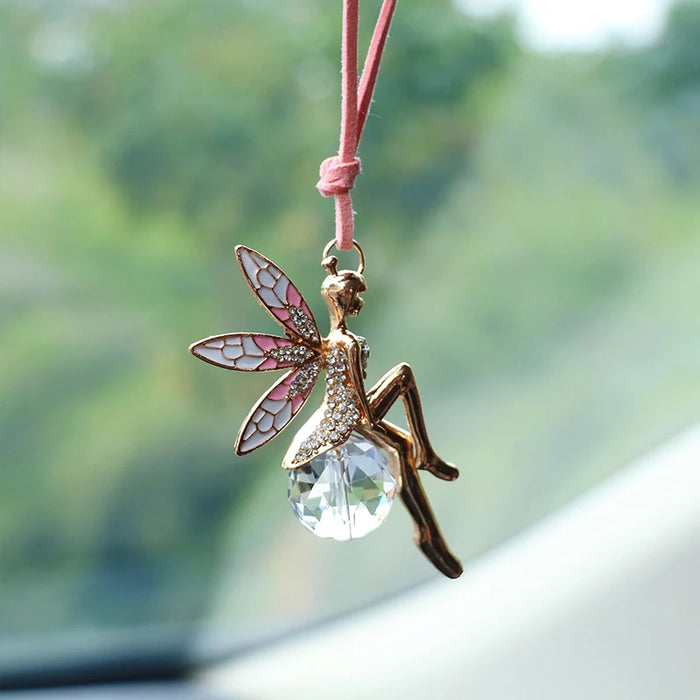 Fairy Pink Crystal Globe Rearview Mirror Pendant for Car Interior Decoration