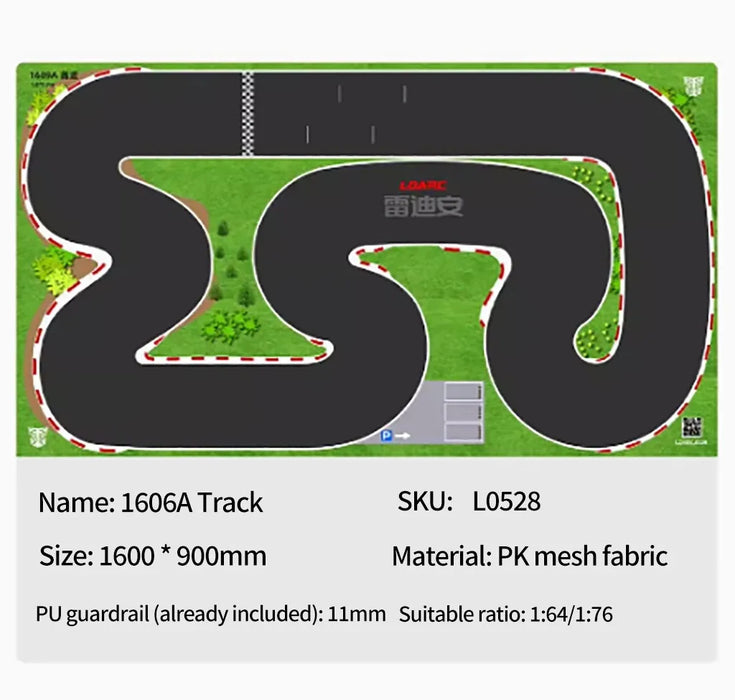 The LDARC V64 Miniature 1/64 Scale RC Car Racing Track Mat, available at Lacatang Shop, features a detailed layout printed on fabric with winding curves, straight sections, a starting line, and green borders. Sized at 2400mm x 1200mm, further details are shown below the track image.