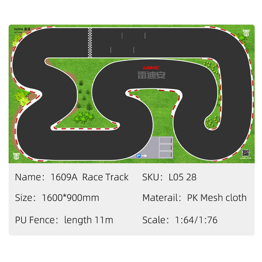 The Lacatang Shop's LDARC Mini RC Car Racing Track Mat, crafted from PK Mesh cloth, measures 160x90cm and includes an 11m PU fence. Suitable for Turbo Racing 1/76 RC cars, it's ideal for tabletop racing in scale sizes of 1:64 or 1:76. SKU: L0528.