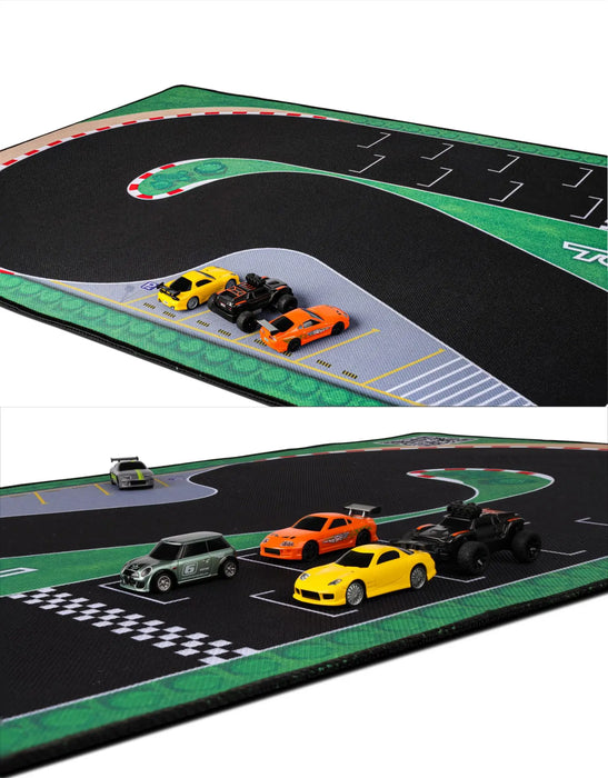 The Lacatang Shop 1:76 TURBO RACING Drift Jump Track Mat with Cement Block Accessories is an exciting racetrack playmat featuring a curved track with parking spaces at the top and four vibrant cars near the checkered start/finish line.