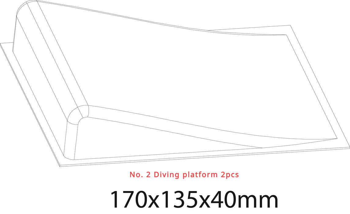 A line drawing of a diving platform labeled 170x135x40mm is shown with "No. 2 Diving platform 2pcs" in red text below, ideal for enhancing your Lacatang Shop TURBO RACING 1:76 Remote Control Car Track Set with Drift and Jump Features.