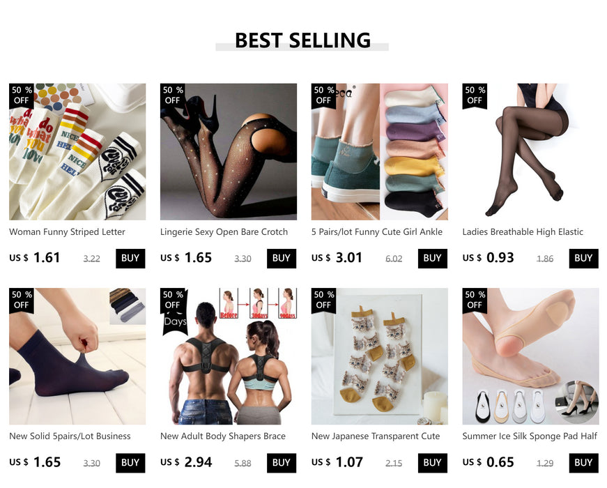 A grid of eight best-selling items, including Lacatang Shop's Delicate Vintage Floral Lace Ruffle Socks, featuring prices, discounts, and "buy" buttons. Products encompass lingerie, shapewear, various socks (ankle to business and transparent), pantyhose, and sponge pad heels.