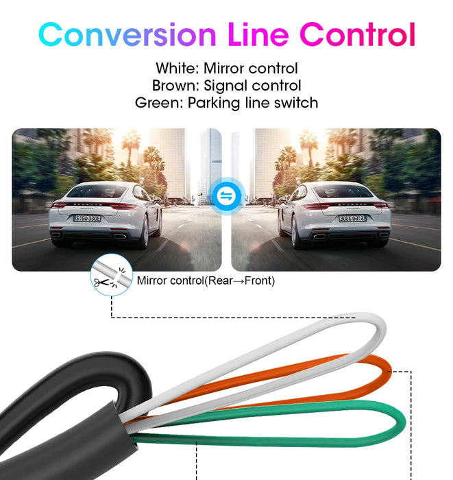 Image of two cars on a city street with palm trees; schematic wires for conversion line control—white (mirror), brown (signal), green (parking). The Lacatang Shop’s Develuck HD 1080P 170° Fisheye Night Vision Camera delivers a crystal-clear view with its waterproof AHD CVBS universal reverse lens.