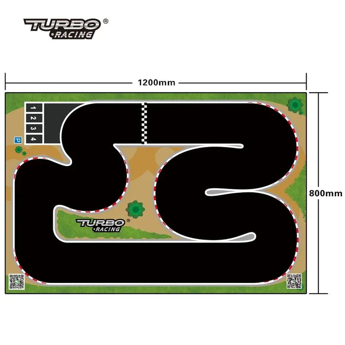 The Lacatang Shop Large Portable Turbo Racing Rubber Mat for 1:76 RC Mini Cars features a winding black track with red and white borders. It measures 160x90cm and includes a starting grid for four cars, with green areas depicting grass or decorative elements.