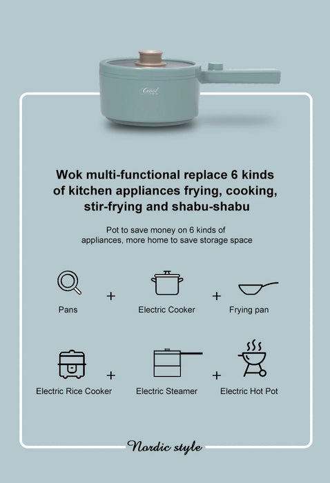 A promotional poster showcases the teal Nordic-style 2024 New Portable 1.5L Multi-function Pot Rice Cooker Electric Cooking Stir Frying Noodle Pot Mini Hot Pot from Lacatang Shop. The text highlights that this portable cooking pot can replace six kitchen appliances, including pans, electric cookers, frying pans, electric rice cookers, electric steamers, and electric hot pots.