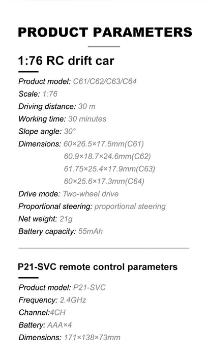 Turbo Racing 1:76 C61 C62 C63 C64 Drift Remote Control Car Upgraded Version With Gyro Full Proportional Remote Control RTR Kit