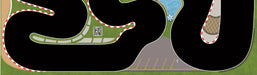 The Lacatang Shop’s TURBO RACING 1:76 Remote Control Car Track Mat features winding black paths with red stripes, "P" marked parking spaces, a QR code on grass, and a nearby pool with an umbrella, creating a vibrant scene for RC car enthusiasts.