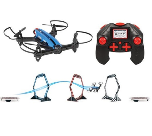 Image of a sleek World Tech Toys 240285 Racing Drone by Rose Chloe, boasting a blue and black design and equipped with a built-in gyro for stable flights. It comes with an accompanying black and red remote controller featuring a 2.4 GHz transmitter. Below them, three colorful racing gates are set up in a line for multi-dimensional flight during drone racing.