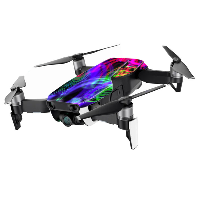 A Rose Chloe MightySkins DJMAVAIMIN-Neon Splatter Skin for DJI Mavic Air Drone, featuring a multicolored, vibrant, and abstract design, enhances the sleek appearance of this compact drone. Equipped with four propellers and a front-mounted camera, the dynamic color scheme accentuates its sophisticated design.