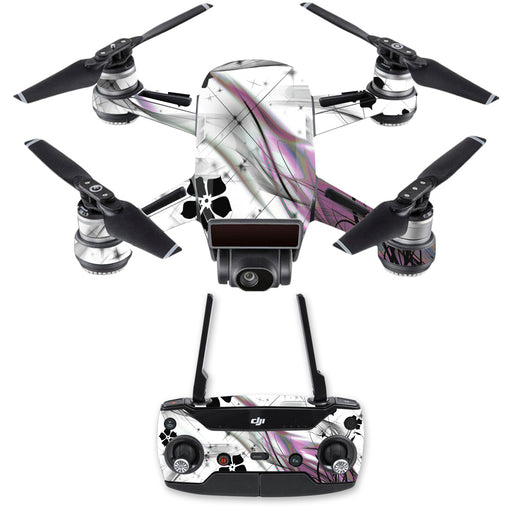 The Rose Chloe MightySkins DJSPCMB-Gray World Skin Decal for DJI Spark Mini Drone Com features a vibrant black, white, and purple graffiti-style vinyl decal design. The DJI Spark Mini Drone includes four propellers and a front-facing camera, while the remote control is equipped with buttons, joysticks, an LCD screen for navigation, and comes with a protective sleeve to ensure extra durability.