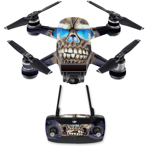 A black quadcopter drone, enhanced with the Rose Chloe's MightySkins DJSPCMB-Psycho Skull Skin Decal for DJI Spark Mini Drone C, boasts a striking skull design on its body and wings. Accompanied by a remote controller featuring the same edgy skull motif with blue-tinted sunglasses, this durable toy set exudes a high-end look.