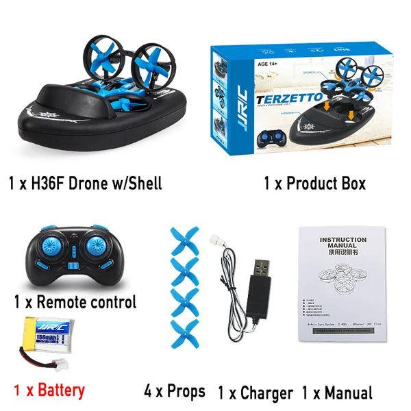 Image displaying the contents of a Lacatang Shop Mini Quadcopter Boat package. It includes a versatile device: a black and blue H36F mini quadcopter boat with a protective shell, ideal for both aerial and aquatic adventures. The package also contains a product box, remote control, battery, four propellers, charger, and instruction manual.