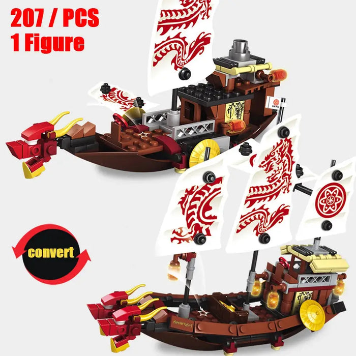 Introducing the New Phantom Ninja Dragon Ship Model Building Blocks from Lacatang Shop. This 207-piece set features a dragon-themed ship with white sails adorned with red dragon designs, crafted from non-toxic ABS materials. Accompanied by one figure, it is compatible with other block toys and includes a "convert" symbol to guide its dynamic assembly into various configurations, offering an engaging building experience for kids.