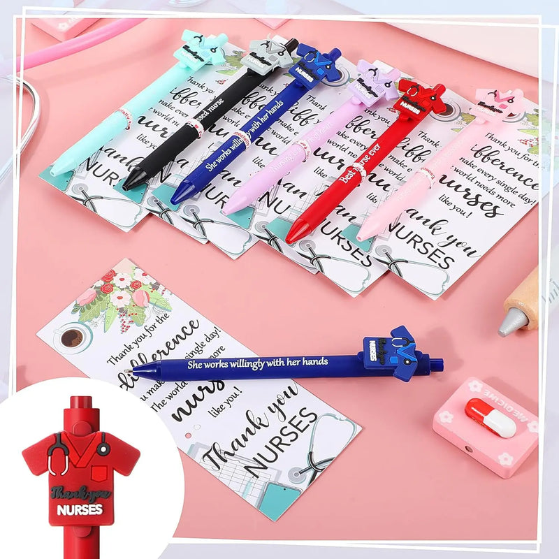 24 Set Nurse Pens Bulk 2026 Nurse Appreciation Gift Cute Medical Themed Cartoon Ballpoint Pens with Inspirational Greeting Cards for Nurse Week Doctor Medical Assistant Healthcare Worker Appreciation Gift CNA Week Supplies