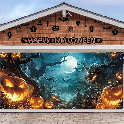 Halloween Garage Door Banner Decoration, Misty Forest Pumpkin Lantern Scene - Lacatang Shop