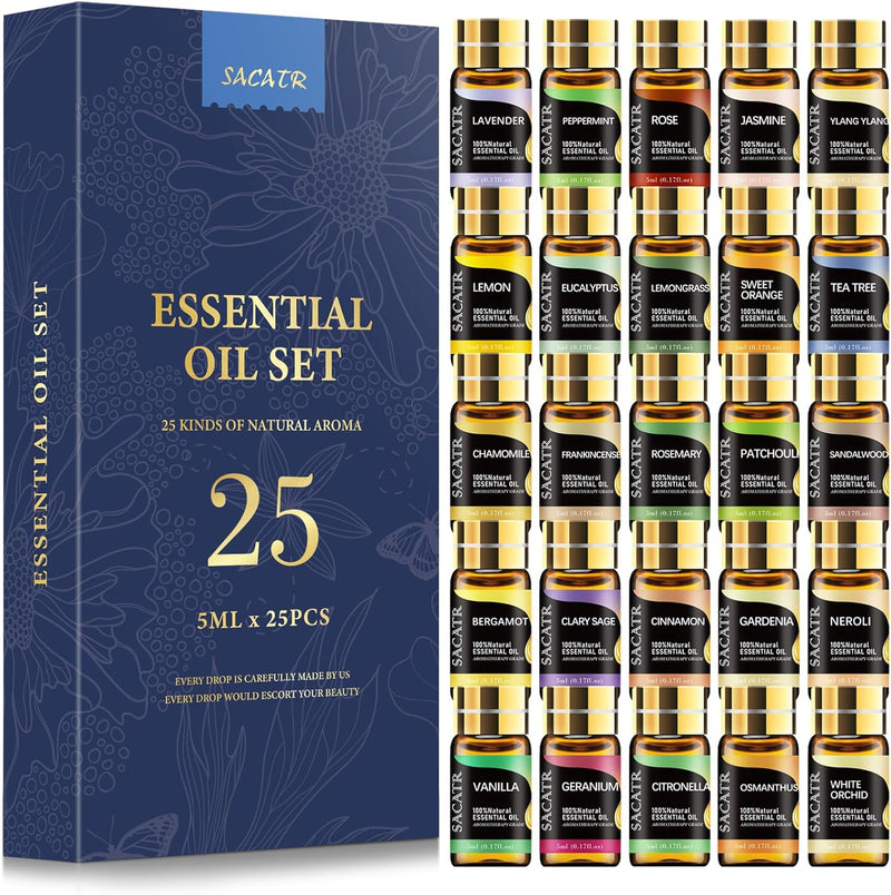 Essential Oil Set - Natural Essential Oils - Essential Oils Gift Set for Massage, Diffuser, Home Care, DIY Candle and Soap Making (25 * 5ML)