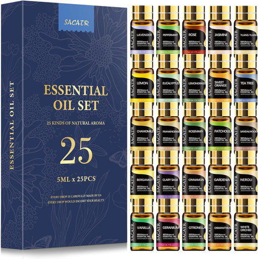 Essential Oil Set - Natural Essential Oils - Essential Oils Gift Set for Massage, Diffuser, Home Care, DIY Candle and Soap Making (25 * 5ML)
