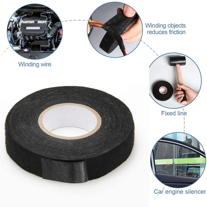 15 Meter Heat-resistant Fabric Tape Black Adhesive Electrical Insulating Cloth Tape for Car Cable Harness Wiring Loom Protection