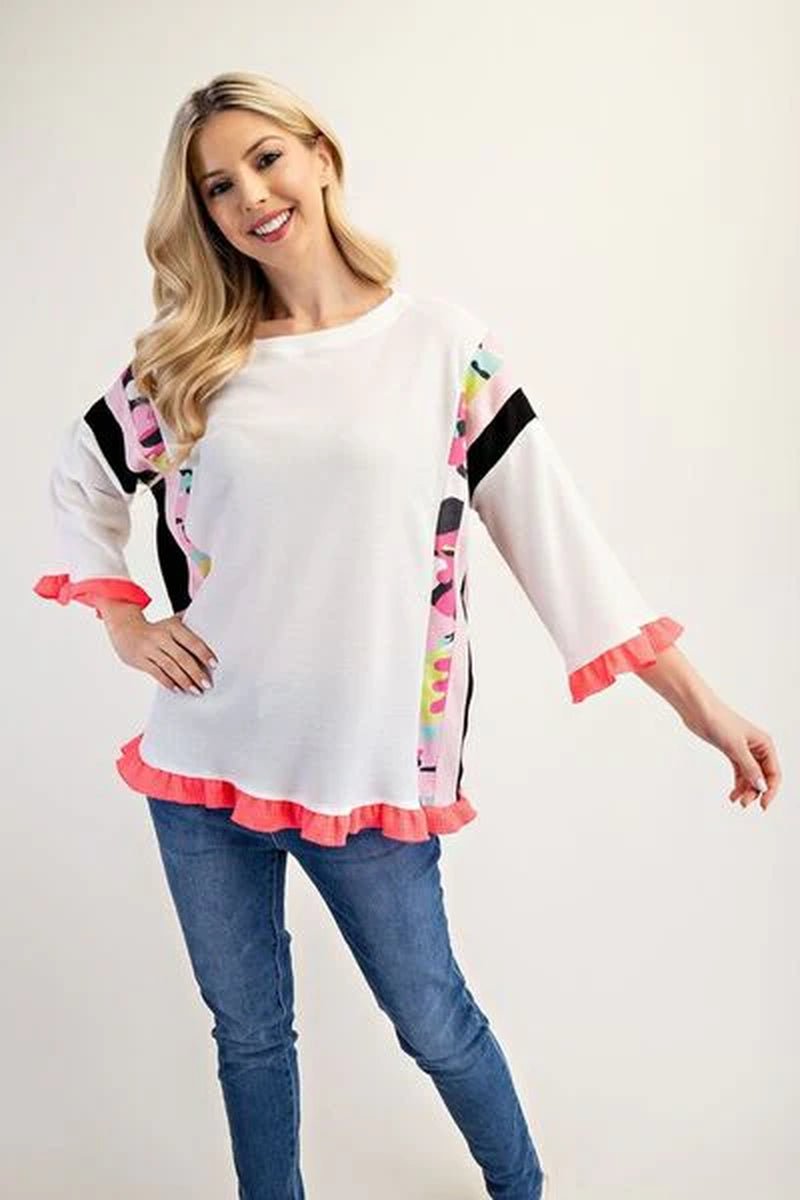 Celeste Plus Ruffle Sleeve Color Block Top - Lacatang Shop
