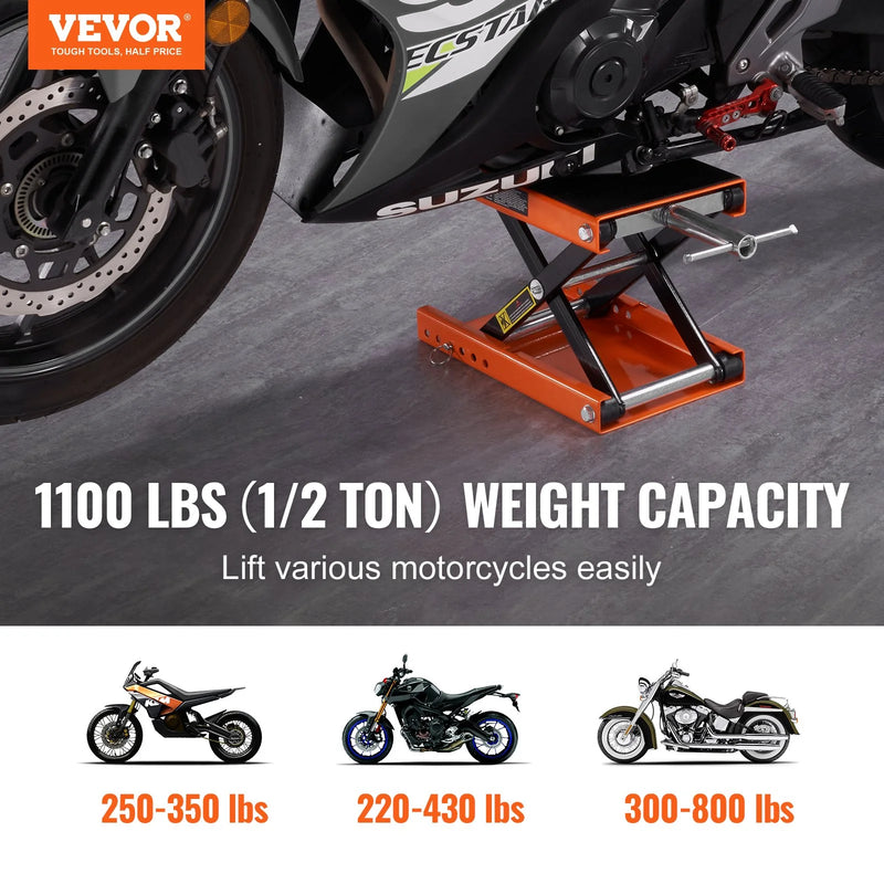 VEVOR Motorcycle Lift, 1100 LBS Motorcycle Scissor Lift Jack with Wide Deck & Safety Pin, 3.7-13.8 Center Hoist Crank Stand, Steel Scissor Jack for Street Bikes, Cruiser Bikes, Touring Motorcycles